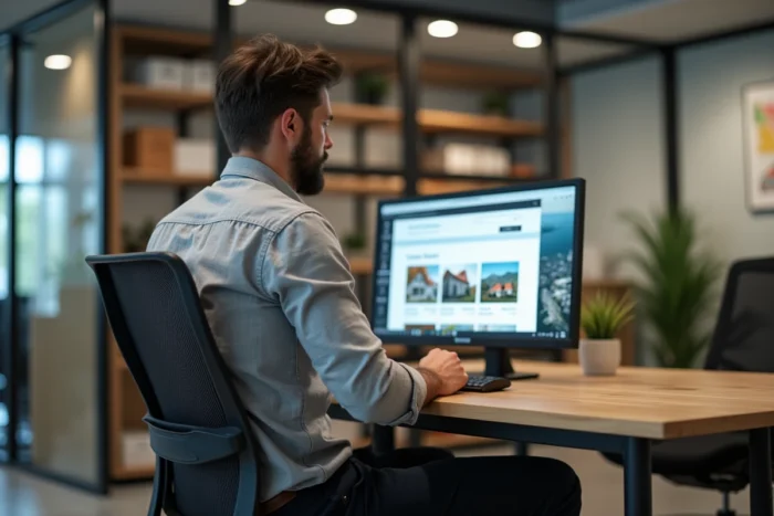 Conseiller immobilier analysant des annonces de biens locaux sur ordinateur dans une agence moderne