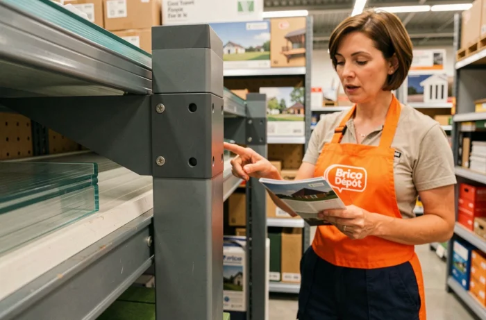Conseillère en magasin présentant les connecteurs d'une pergola 5x4 en aluminium anthracite chez Brico Dépôt