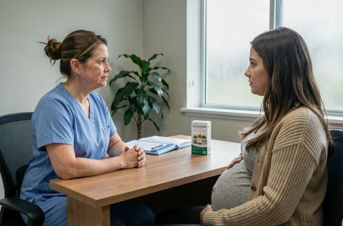Sage-femme en consultation avec une femme enceinte discutant des compléments naturels comme la propolis
