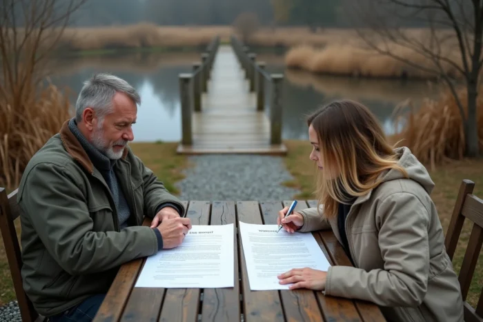 Deux copropriétaires consultant un contrat de copropriété d'étang assis à une table en bois près d'un ponton