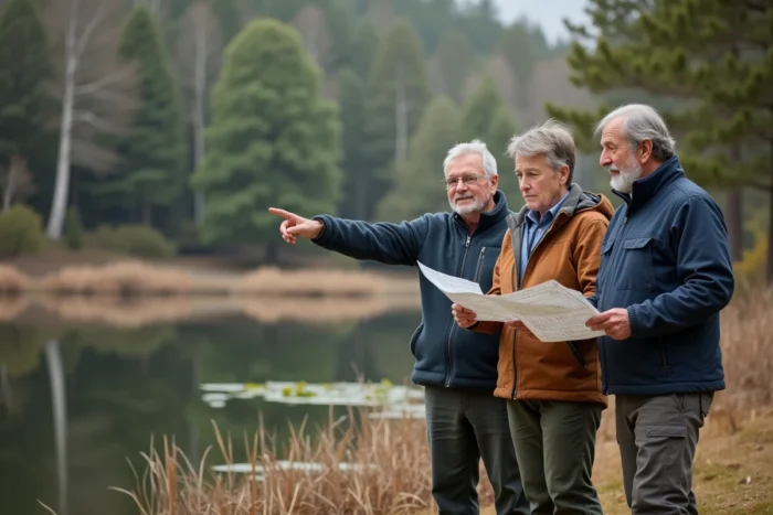 Trois copropriétaires adultes examinant des documents au bord d'un étang naturel entouré d'arbres et de roseaux