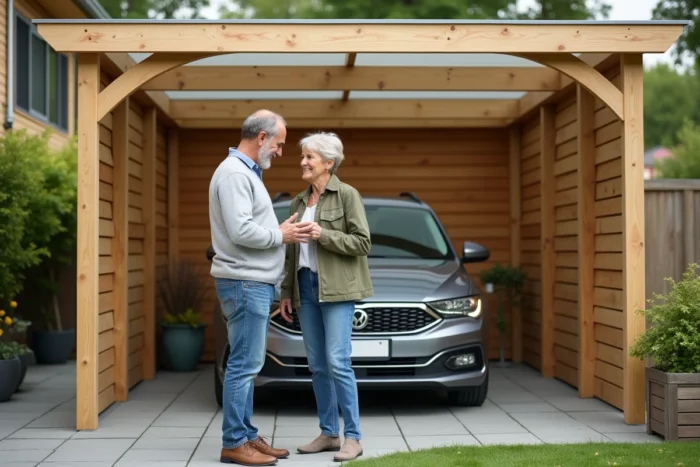 Couple installant et admirant leur nouvel abri voiture en bois dans un jardin de maison individuelle