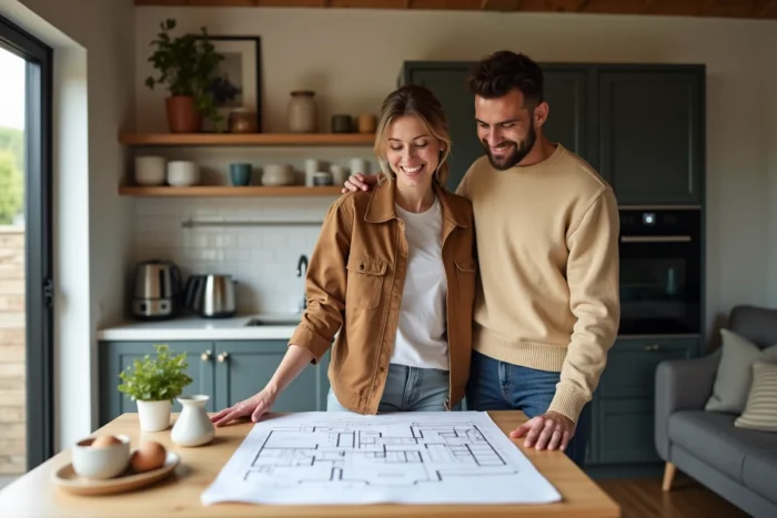 Couple heureux planifiant l'aménagement de leur petit appartement optimisé avec cuisine ouverte et rangements intégrés