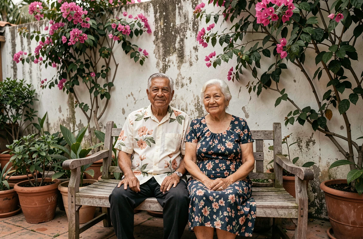Couple de personnes âgées latinos assis dans un patio fleuri, symbole de l'héritage culturel et familial des parents de Vanessa Bryant
