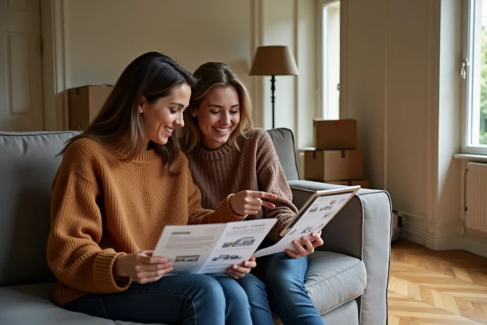Couple comparant des plateformes de location immobilière sur tablette et documents imprimés dans un salon parisien