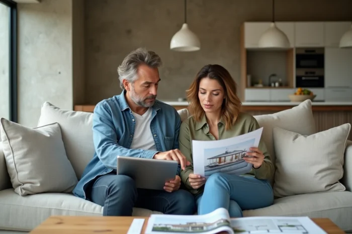 Couple recherchant un bien immobilier ensemble sur une tablette dans leur salon moderne