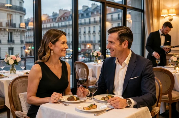 Couple élégant dînant dans un restaurant gastronomique parisien avec vue sur les boulevards, dégustant un menu raffiné lors d'une grande occasion