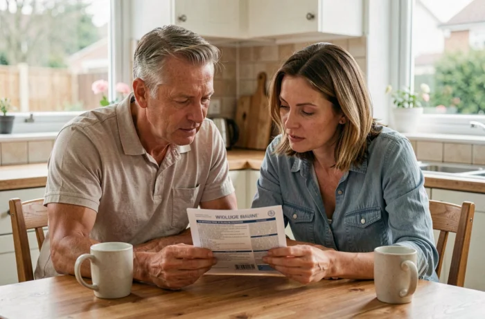 Couple discutant des options de couverture mutuelle santé autour d'une brochure