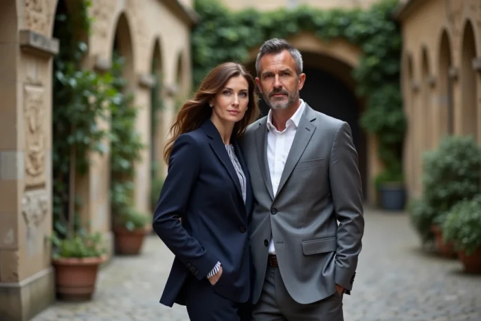 Couple élégant dans une cour parisienne en pierre, mariage discret et intimité partagée
