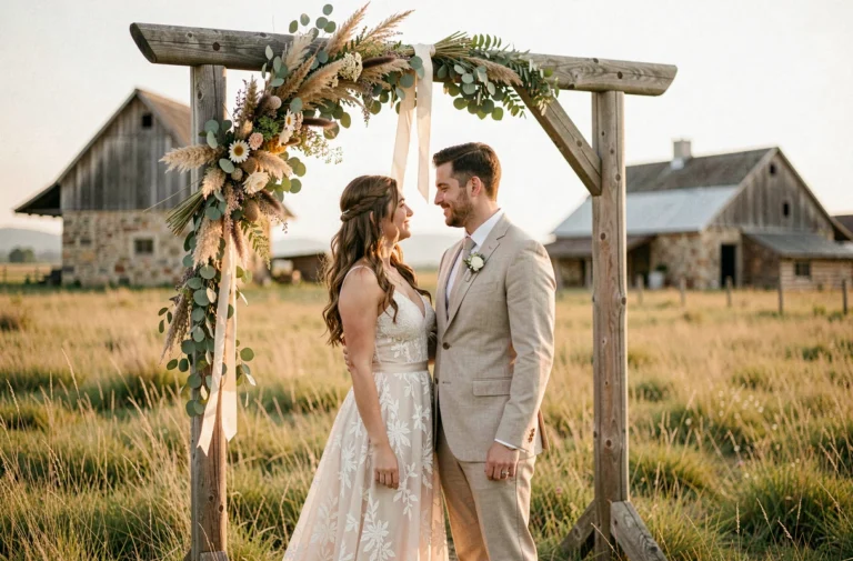 Couple de mariés sous une arche rustique en bois décorée de fleurs séchées dans une prairie dorée pour un mariage champêtre romantique