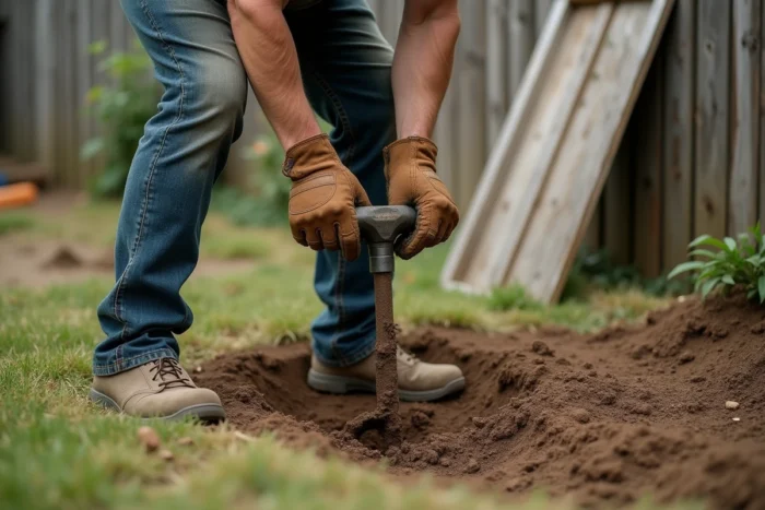 Homme creusant un trou parfait pour un poteau de clôture dans un jardin avec un tarière manuelle