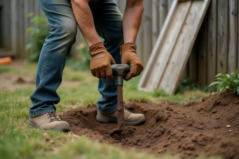 Homme creusant un trou parfait pour un poteau de clôture dans un jardin avec un tarière manuelle