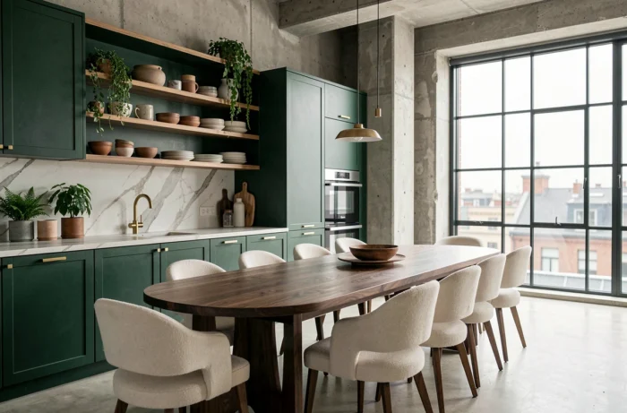 Cuisine ouverte avec armoires vert forêt, plan de travail en marbre et salle à manger en noyer pour tendances déco intérieur
