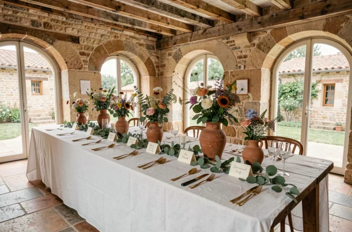 Table de réception de mariage décorée avec des fleurs sauvages et une vaisselle vintage dans un mas provençal rustique