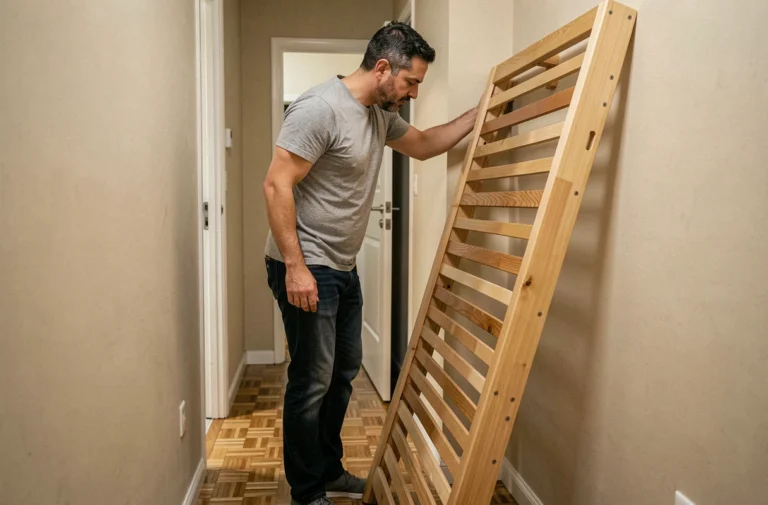 Homme déplaçant seul un sommier en bois dans un couloir d'appartement en le faisant pivoter verticalement