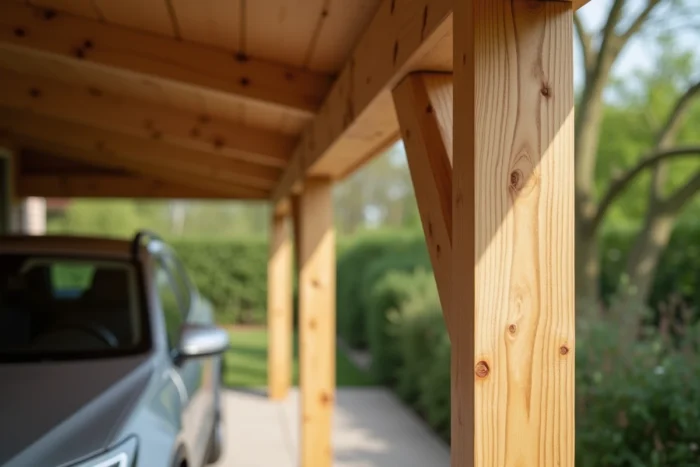 Détail de la charpente en bois d'un abri voiture avec assemblage visible et finition soignée