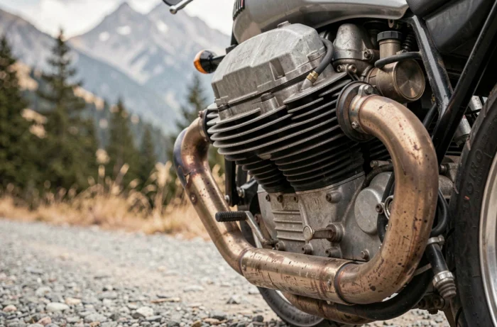 Détail du moteur V-twin de la Moto Guzzi V85 TT montrant les ailettes de refroidissement et le collecteur d'échappement surchauffé