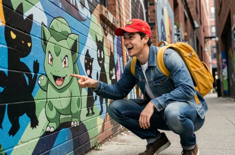 Jeune homme en tenue de dresseur Pokémon admirant une fresque murale colorée représentant des Pokémon commençant par la lettre B