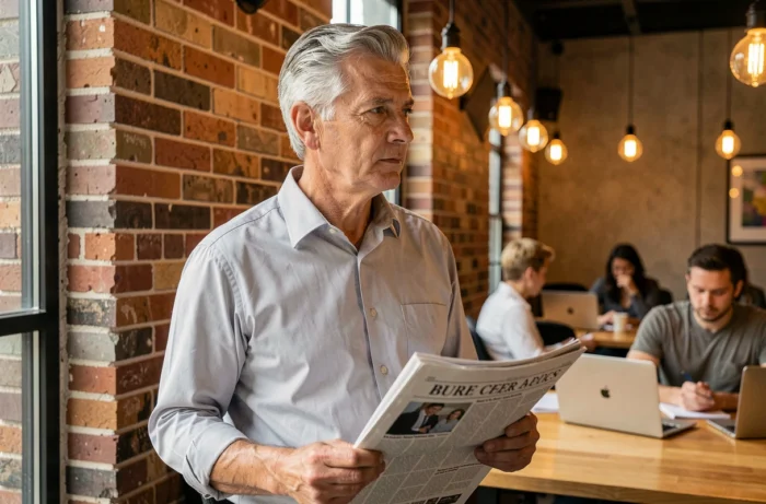 Entrepreneur mature lisant les actualités économiques et tendances 2024 dans un espace de co-working au style industriel
