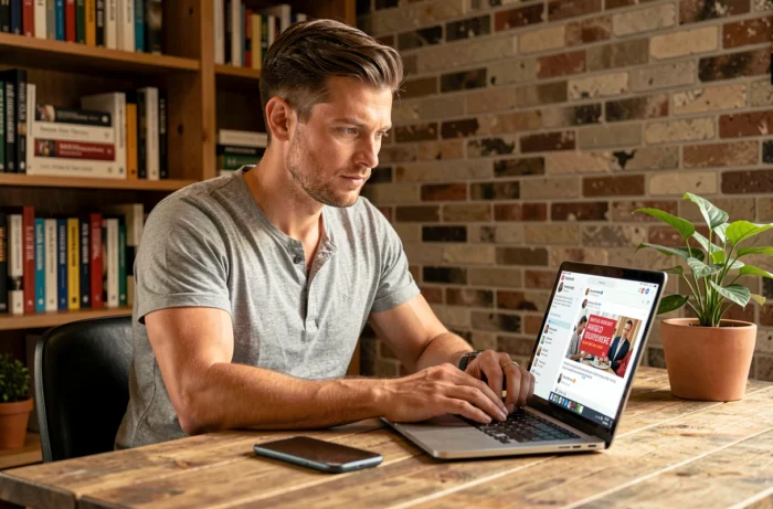 Entrepreneur indépendant gérant une campagne publicitaire en ligne depuis son bureau à domicile