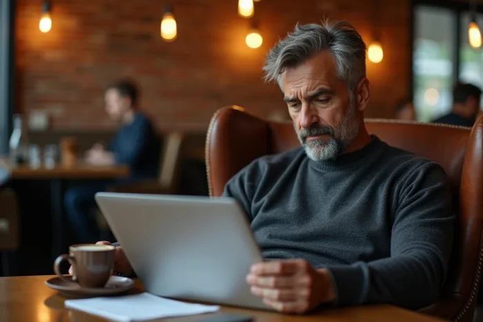 Entrepreneur mature rédigeant un email de contact à Elon Musk dans un café moderne avec ordinateur portable