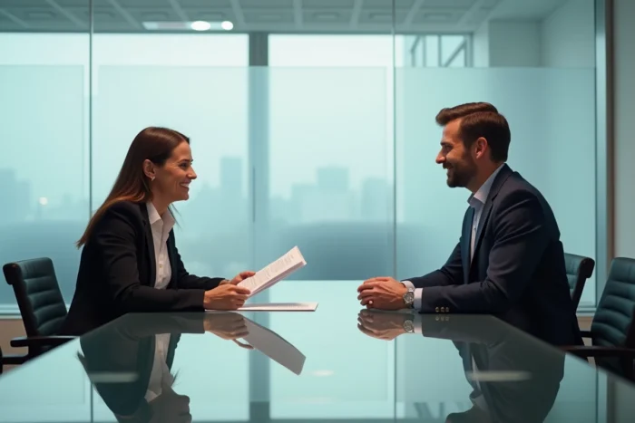 Entretien d'embauche professionnel dans un bureau moderne avec deux candidats