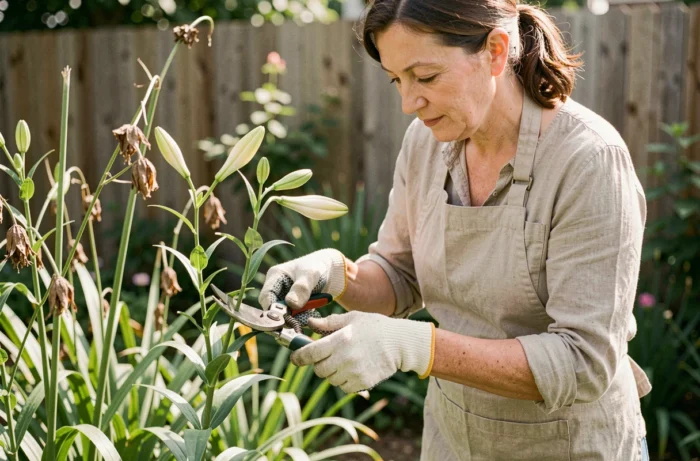 Femme entretenant des lys dans un jardin en taillant les tiges fanées avec un sécateur