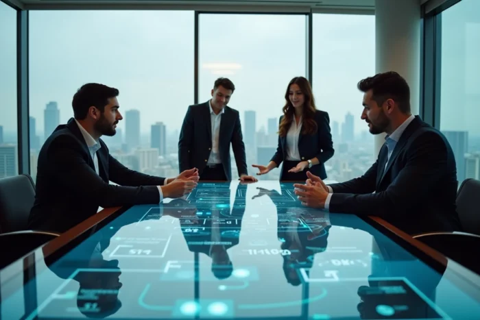 Équipe professionnelle collaborant autour d'un tableau interactif pour analyser des solutions informatiques et cloud dans une salle de réunion moderne