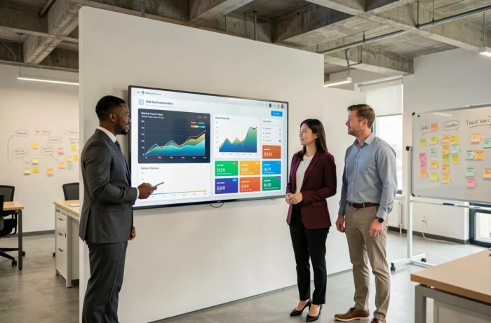 Équipe multiculturelle d'entrepreneurs analysant des graphiques de tendances et d'actualités économiques sur un écran interactif en 2024