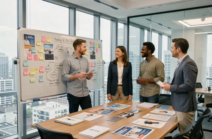 Équipe marketing collaborant sur une stratégie de publicité digitale dans une salle de réunion créative