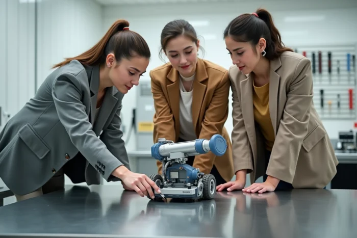 Équipe de professionnels examinant un prototype de robot dans un laboratoire de recherche et développement technologique