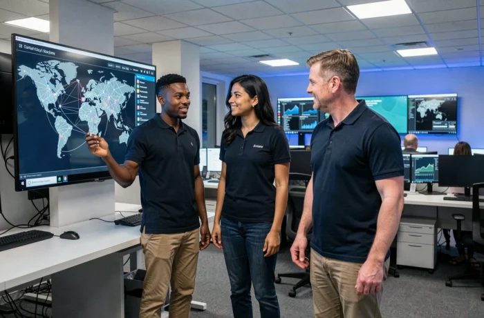 Équipe de professionnels en sécurité informatique collaborant dans un centre opérationnel de cybersécurité face aux cybermenaces
