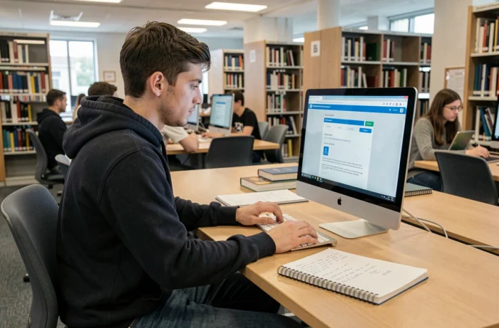 Étudiant masculin consultant le portail eCandidat Valenciennes sur un ordinateur en bibliothèque universitaire avec un carnet de notes