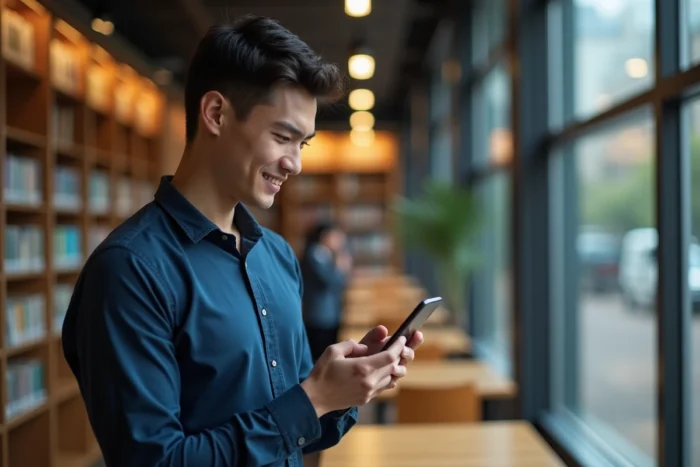 Étudiant en droit vérifiant ses résultats d'examen Assas sur son smartphone dans une bibliothèque universitaire