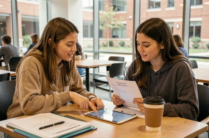 Deux étudiantes vérifiant ensemble les documents requis pour déposer un dossier via eCandidat à la cafétéria du campus