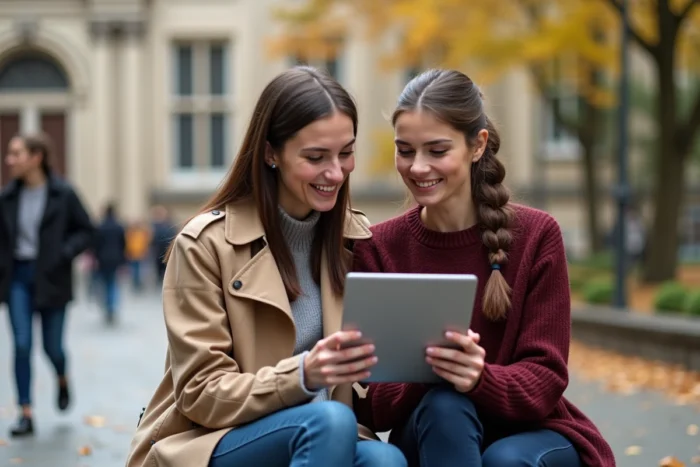 Deux étudiantes consultant ensemble les dates de résultats d'examens Assas sur une tablette dans la cour d'une université parisienne