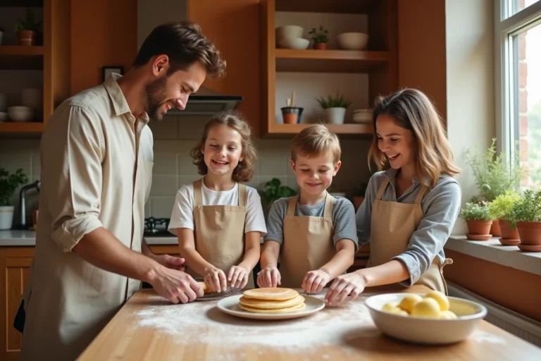 Une famille épanouie prépare des crêpes ensemble dans une cuisine chaleureuse le matin