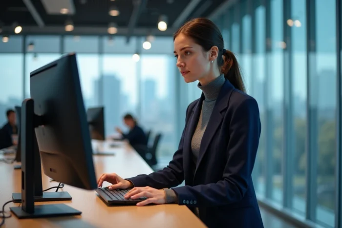 Femme d'affaires recherchant comment contacter Elon Musk par email dans un bureau d'entreprise moderne