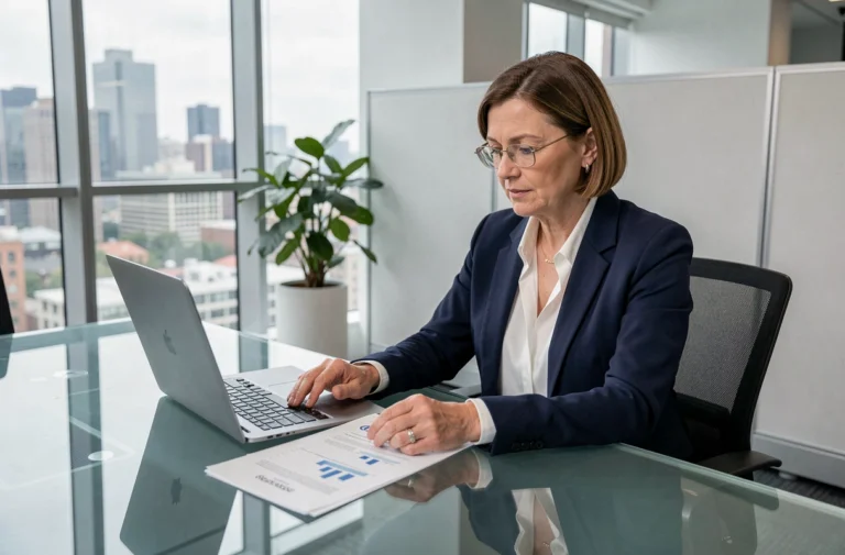 Femme d'affaires en costume bleu marine analysant des rapports et tendances d'entreprise 2024 dans un bureau moderne avec vue sur la ville