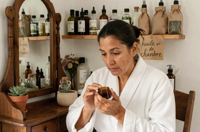Femme examinant des alternatives naturelles à l'huile de jojoba sur sa coiffeuse avec des huiles végétales et herbes séchées