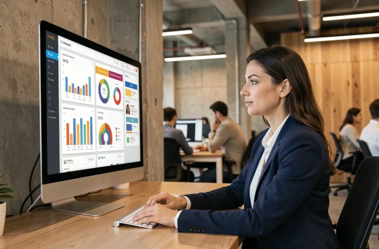 Femme professionnelle analysant des données de publicité en ligne sur un écran dans un bureau moderne
