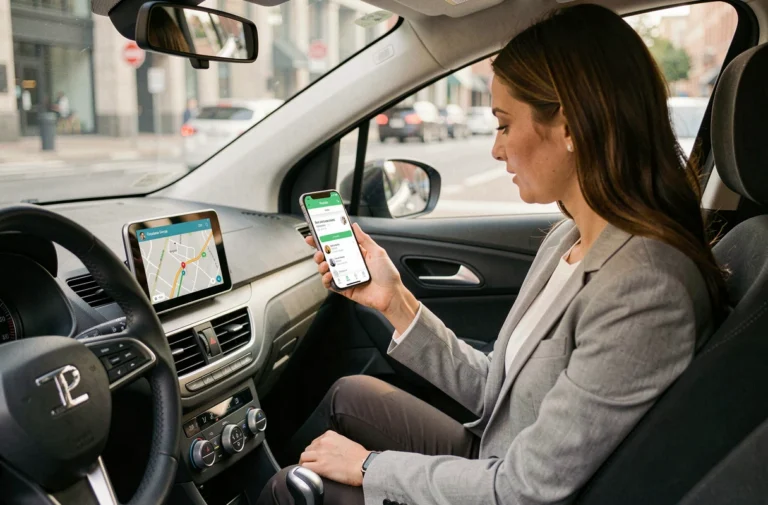 Femme utilisant l'application Karos sur smartphone monté dans une voiture pour optimiser son trajet quotidien en covoiturage