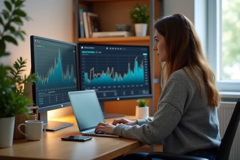 Femme travaillant sur un ordinateur portable dans un bureau à domicile pour générer des revenus en ligne