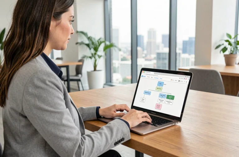 Femme professionnelle naviguant sur la structure du site Tekniko depuis un ordinateur portable dans un bureau moderne
