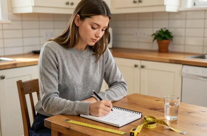 Femme calculant un volume en litres à partir de mètres carrés sur un bloc-notes avec règle et ruban