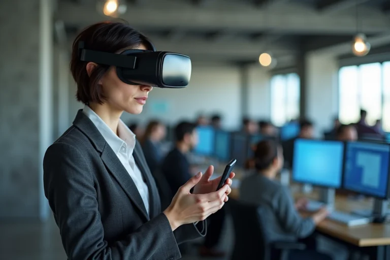 Femme tenant un casque de réalité augmentée dans un espace de travail technologique moderne, illustrant les tendances tech 2024
