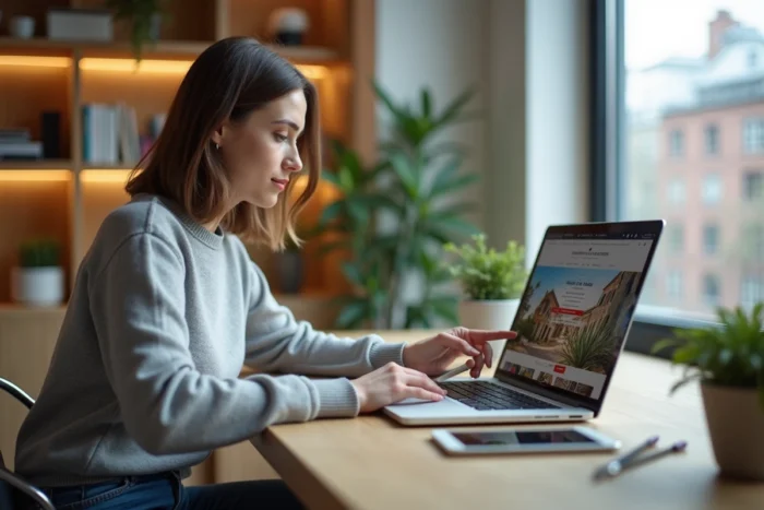 Femme comparant des sites de location immobilière sur un ordinateur portable dans un bureau à domicile moderne