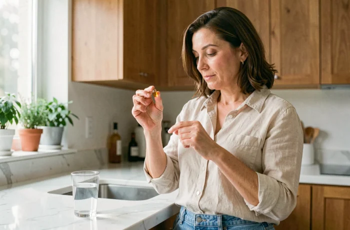 Femme tenant une capsule de complément alimentaire dans une cuisine moderne, examinant un supplément comme le Safralite