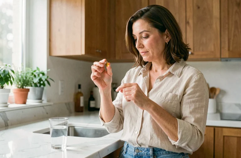Femme tenant une capsule de complément alimentaire dans une cuisine moderne, examinant un supplément comme le Safralite