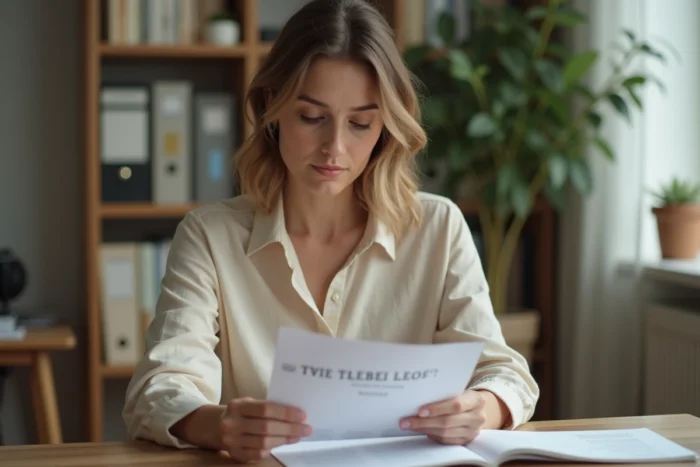Femme consultant un contrat de bail de location imprimé à son bureau à domicile